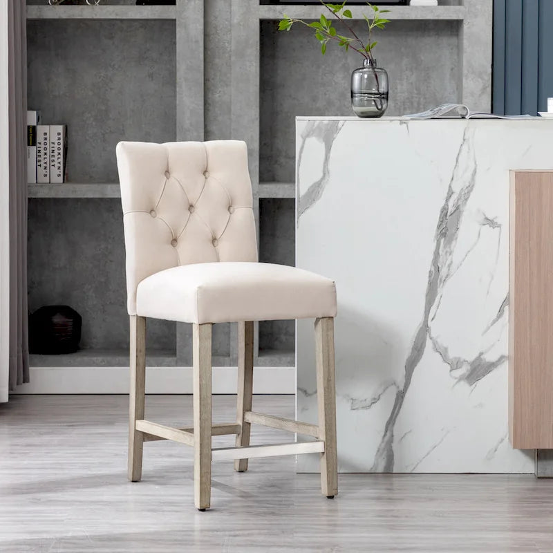 24-Inch Button Tufted Counter Stool with Antique Gray Wood Legs
