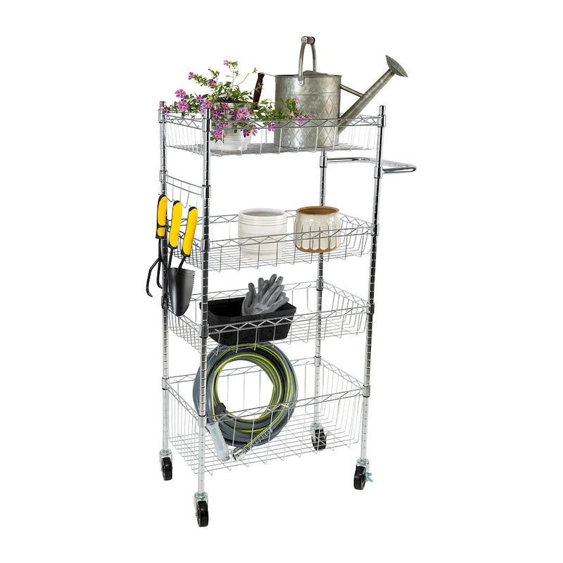 4-Tier Stainless Steel Rolling Utility Cart with Hooks and Open Shelves