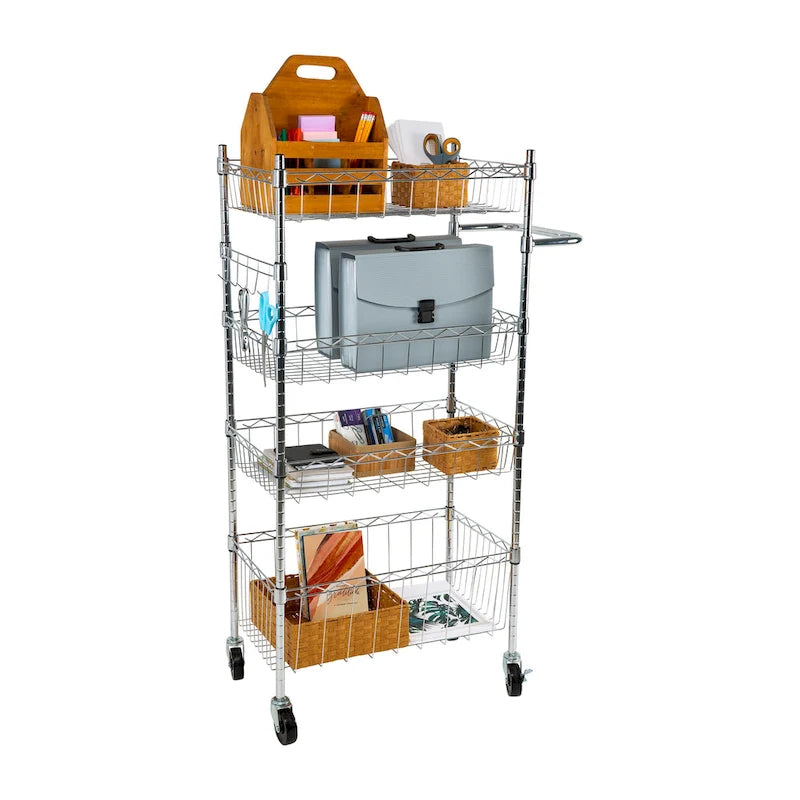 4-Tier Stainless Steel Rolling Utility Cart with Hooks and Open Shelves