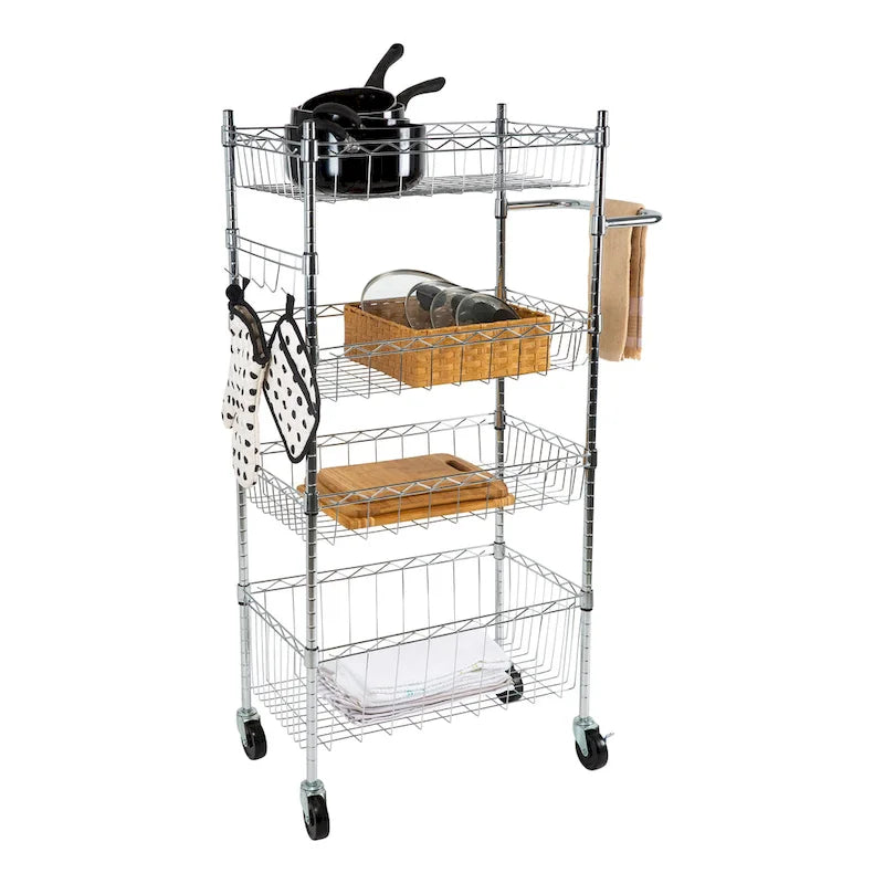 4-Tier Stainless Steel Rolling Utility Cart with Hooks and Open Shelves