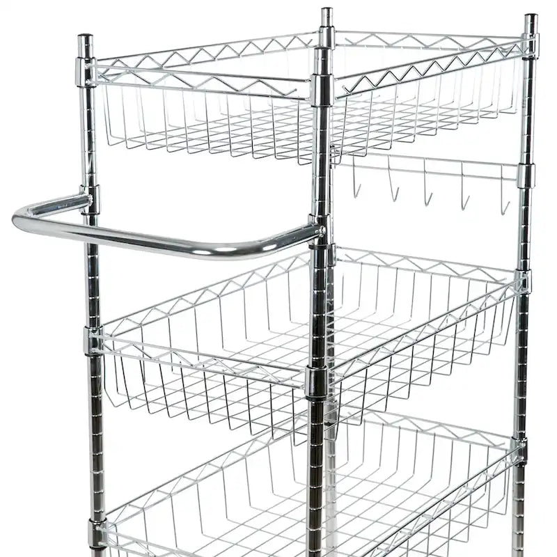 4-Tier Stainless Steel Rolling Utility Cart with Hooks and Open Shelves