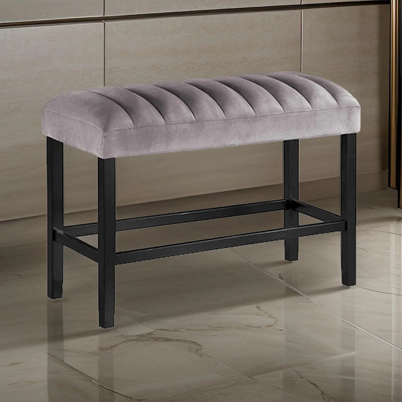 38 Inch Counter Height Bench, Wood Frame, Fabric Upholstery, Gray
