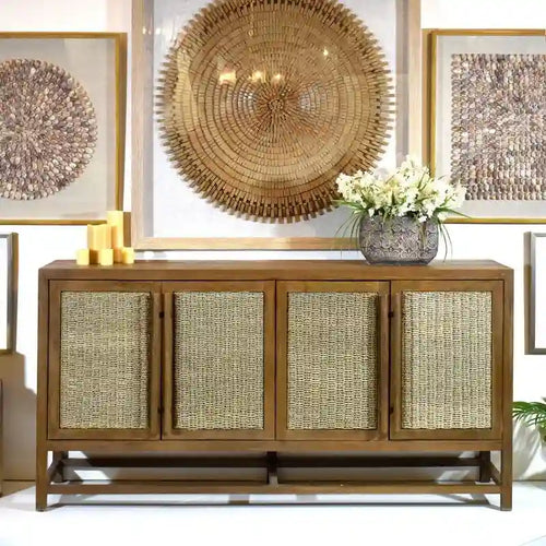 4 Door Large Storage Cabinet with Seagrass Panels and Teak Handles