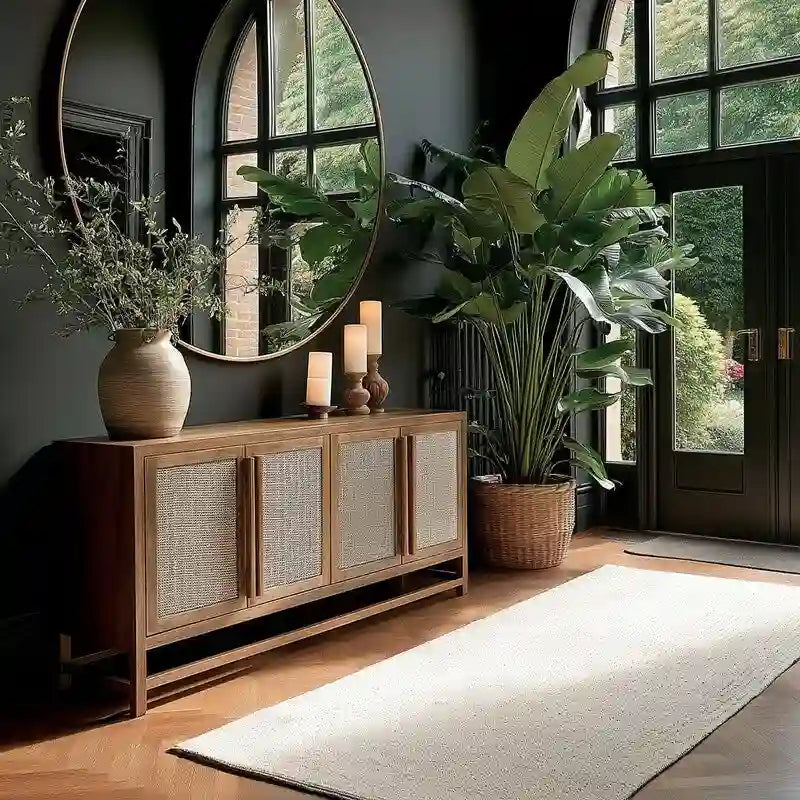 4 Door Large Storage Cabinet with Seagrass Panels and Teak Handles