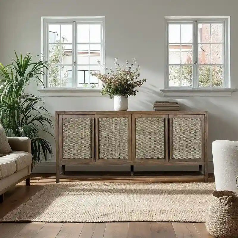 4 Door Large Storage Cabinet with Seagrass Panels and Teak Handles